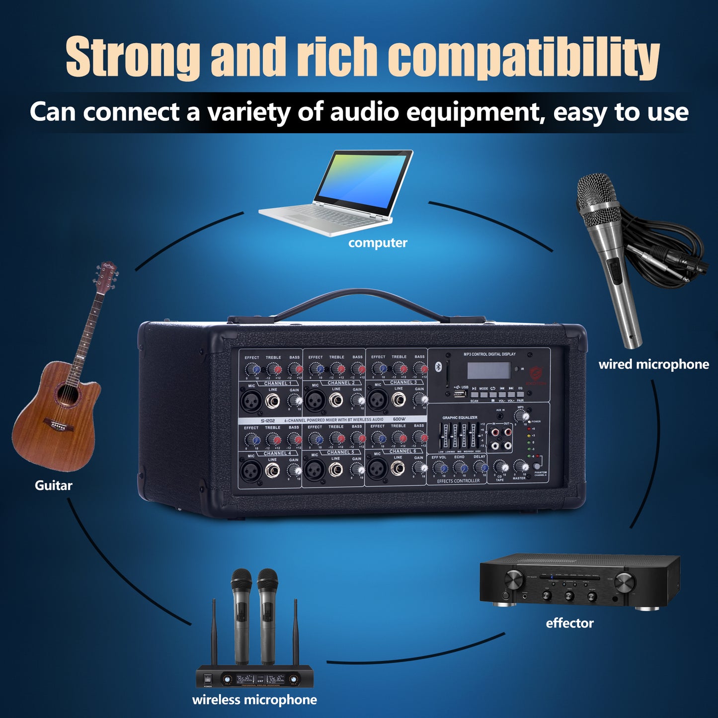 2000W 12-inch PA Speakers System With 6 Channel Mixer