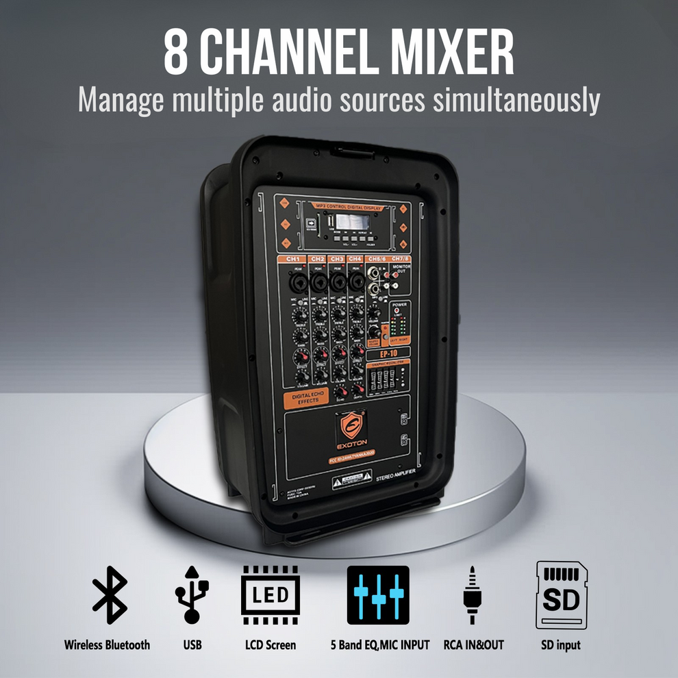 EP-210 600W 10-inch Portable Speakers With 8 Channel Stereo Mixer ...