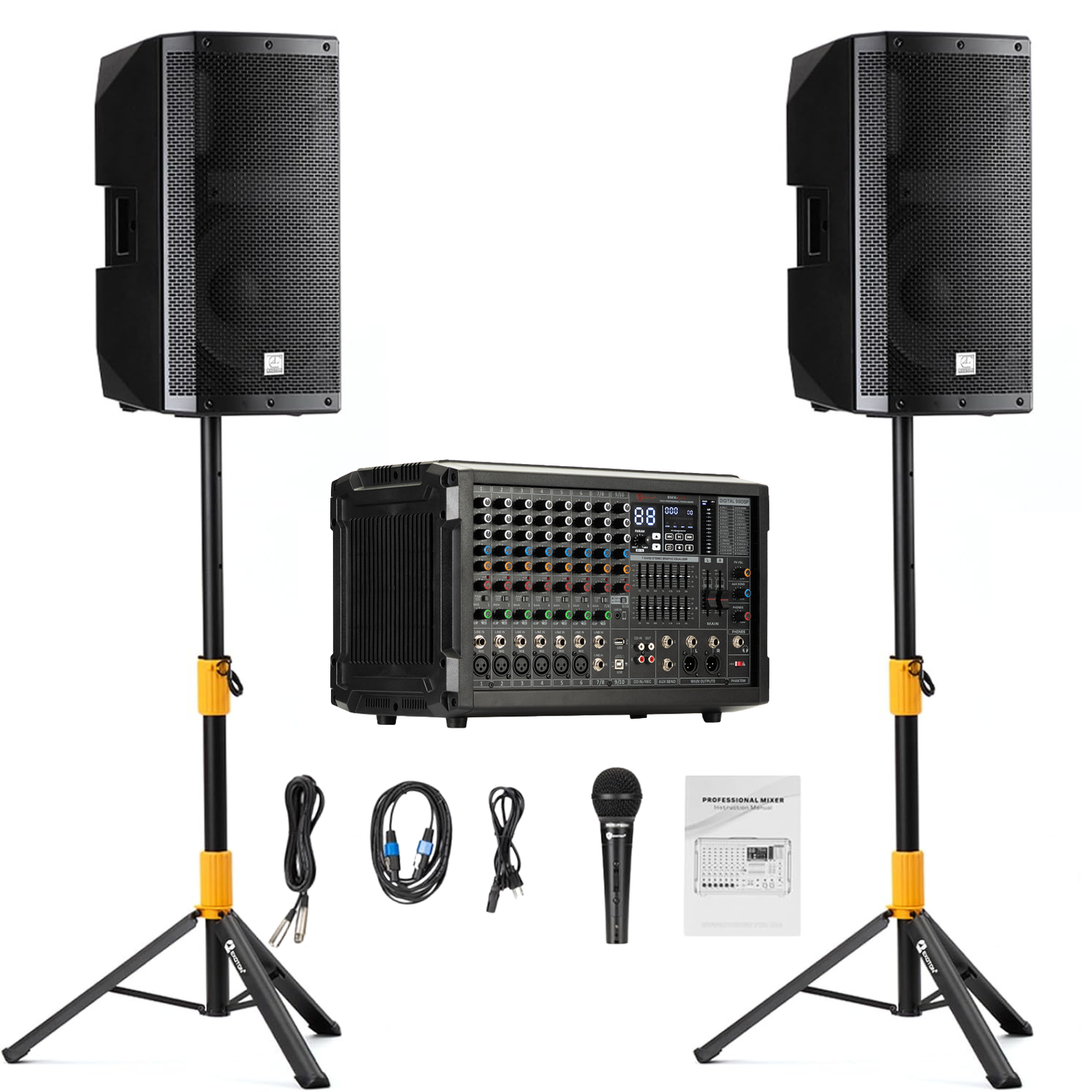 2000W 12-inch Passive Speakers With 10-Channel Bluetooth Stereo Mixer