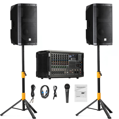2000W 12-inch Passive Speakers With 10-Channel Bluetooth Stereo Mixer