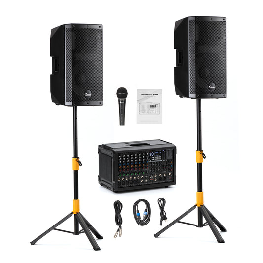 2000W 12-inch Passive Speakers With 10-Channel Bluetooth Stereo Mixer