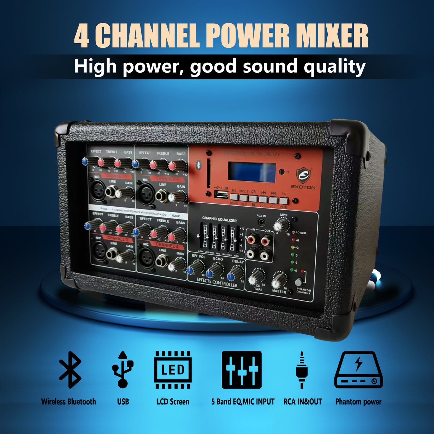 1800W 10-inch PA Bluetooth Speaker System With 4 Channel Mixer